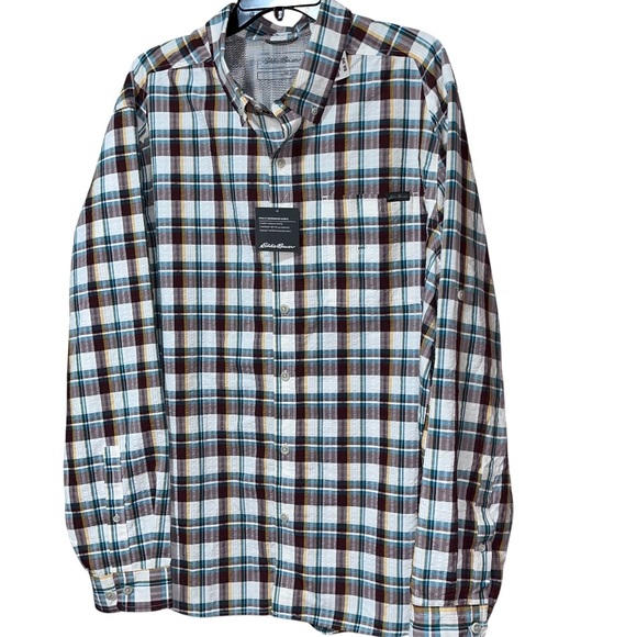 Eddie Bauer UPF 40 MR Long-Sleeve Pack It Tech Seersucker Dk Sable Size XXL - Picture 4 of 12